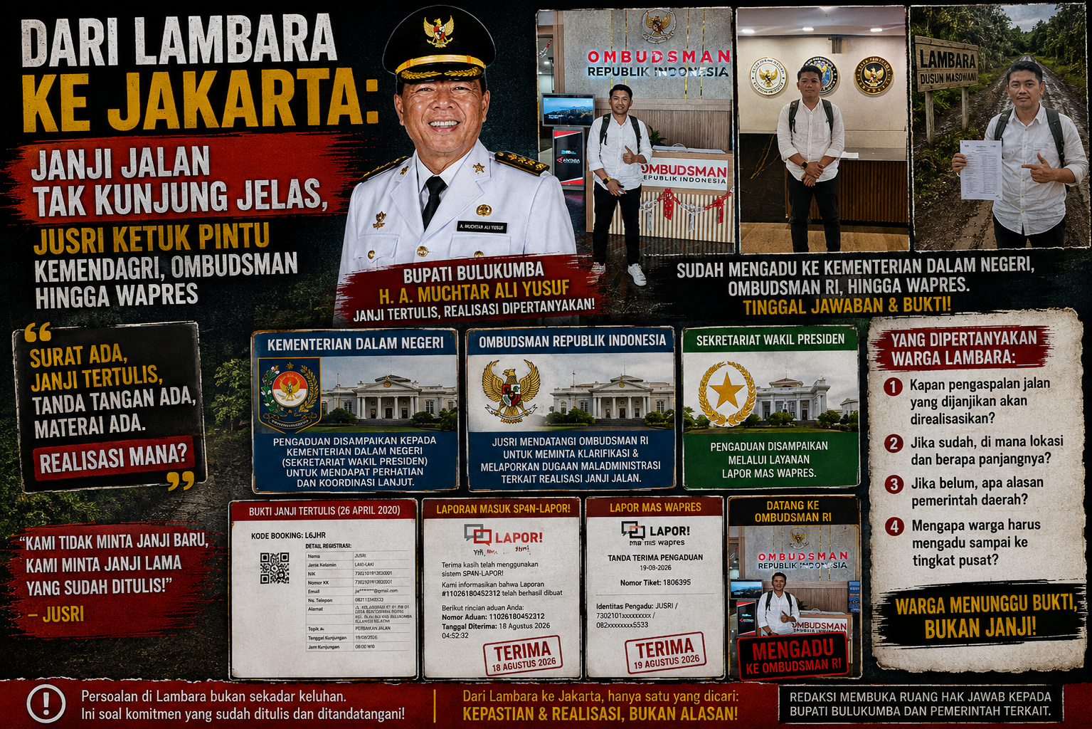 Kolase dokumentasi perjalanan pengaduan Jusri terkait janji pengaspalan jalan di Lambara, mulai dari surat pernyataan, SP4N-LAPOR!, Ombudsman RI hingga Lapor Mas Wapres.