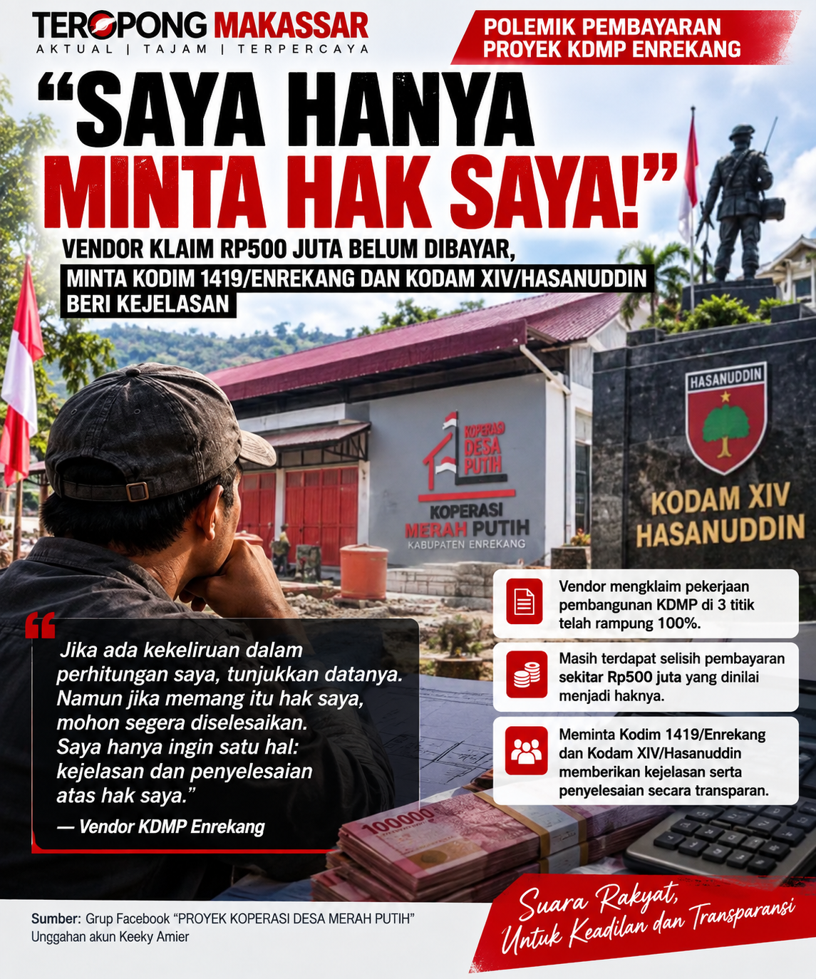 Ilustrasi proyek Koperasi Desa Merah Putih dan polemik pembayaran pekerjaan KDMP di Kabupaten Enrekang, Sulawesi Selatan.